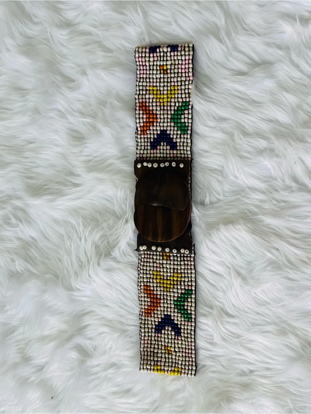 Handcrafted Reversible Multicolor Seed-Bead Waist Belt with Wooden Buckle